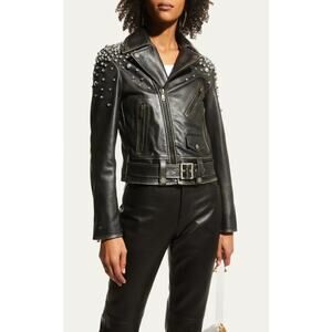 Golden Goose Black Distressed Leather Jacket with Crystals Womens 38 / US 2